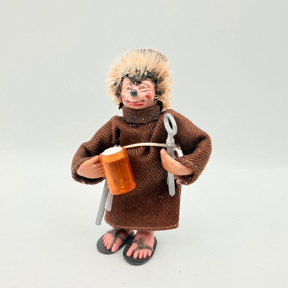 Vintage Mecki Hedgehog Monk Figurine with Beer Stein and Keys Brown Robe 3"